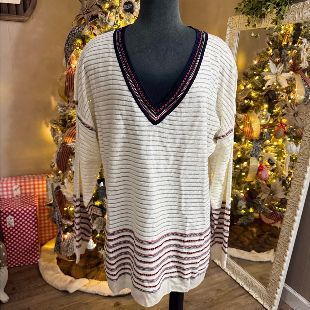St. John • Ottoman Bianco Multi Stripe V Neck Sweater